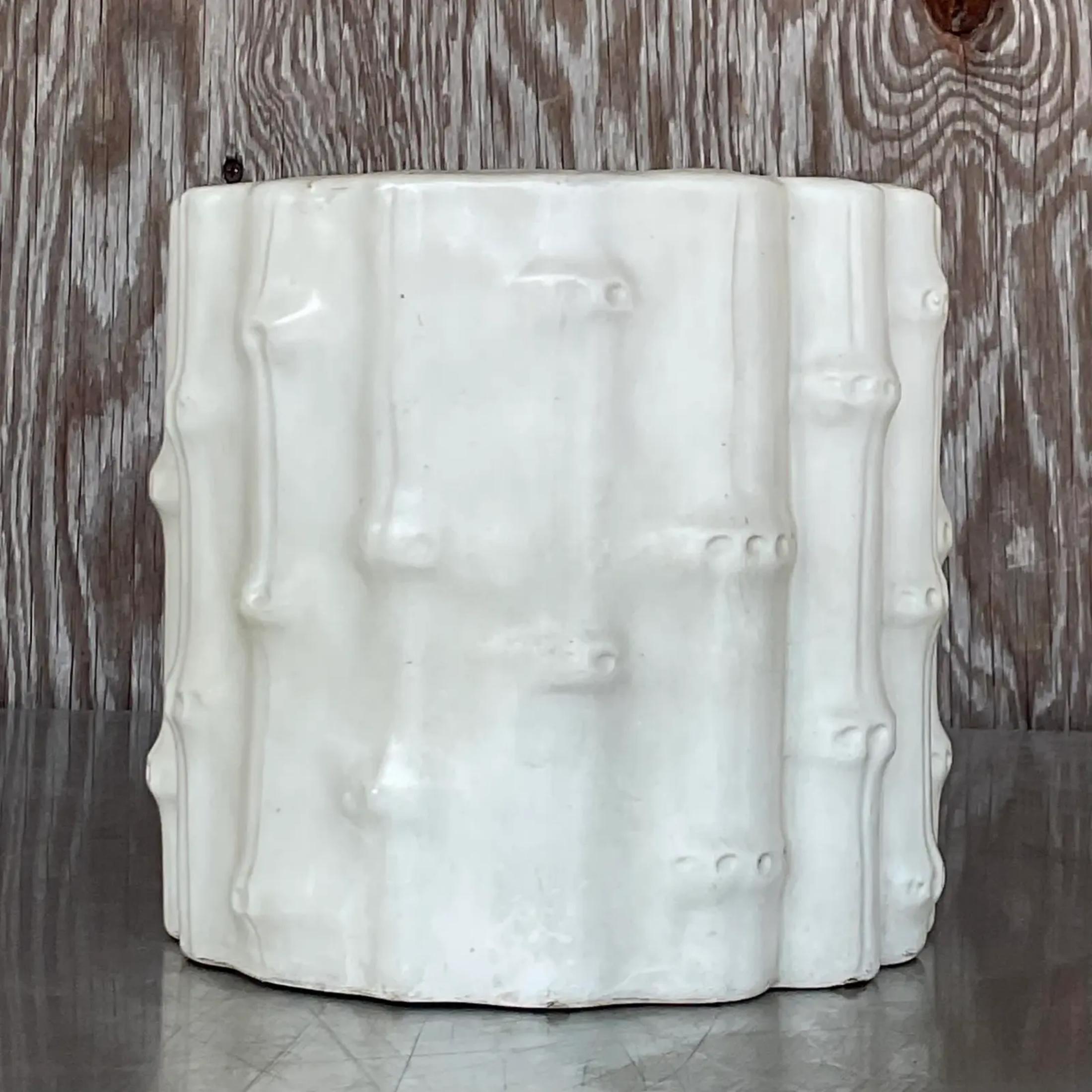 Vintage Coastal Glazed Ceramic Bamboo Cachepot In Good Condition For Sale In west palm beach, FL
