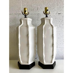 Vintage Coastal Glazed Ceramic Bamboo Lamps, a Pair