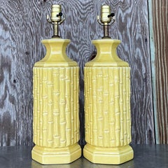 Vintage Coastal Glazed Ceramic Bamboo Lamps - a Pair