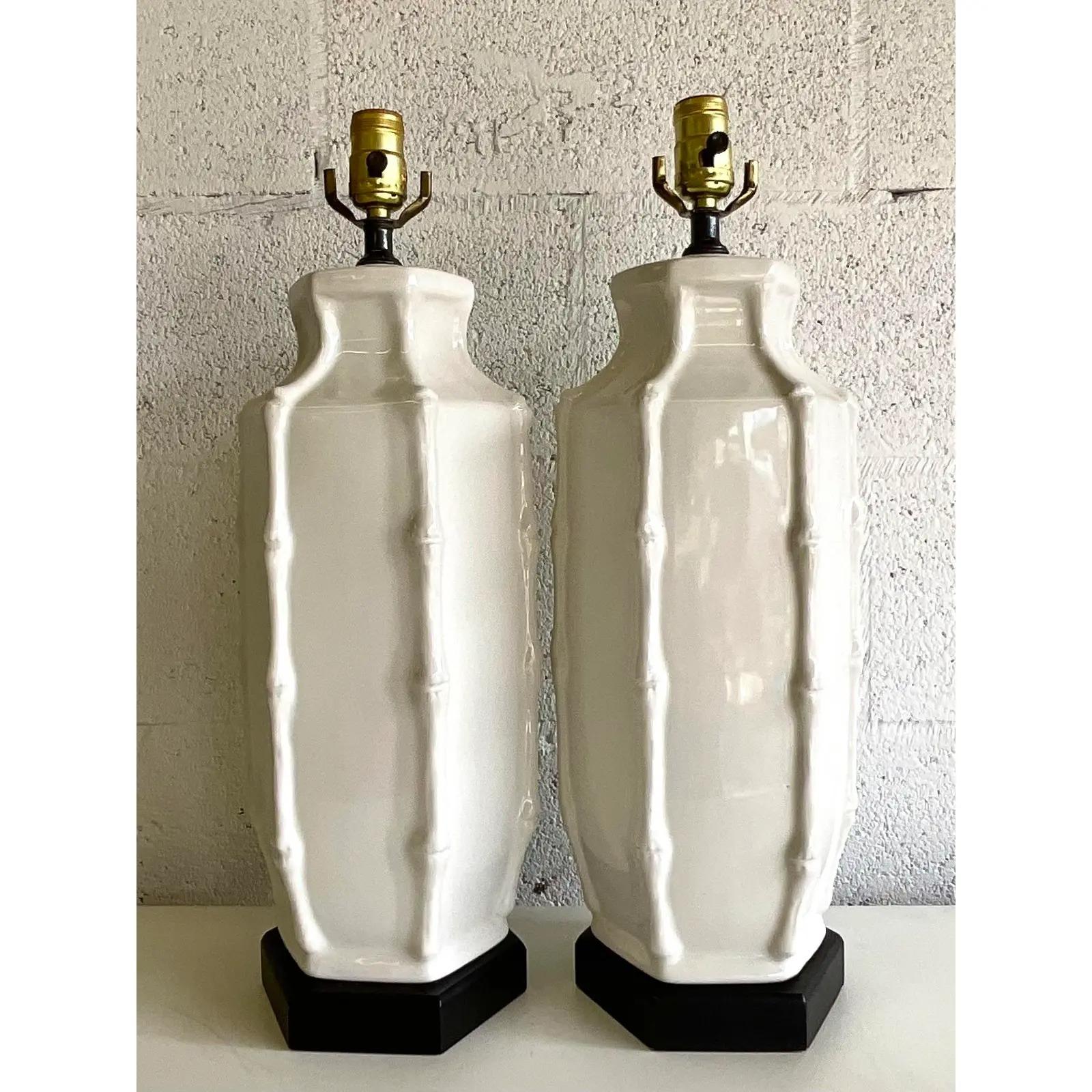 Vintage Coastal Glazed Ceramic Bamboo Lamps, a Pair In Good Condition In west palm beach, FL
