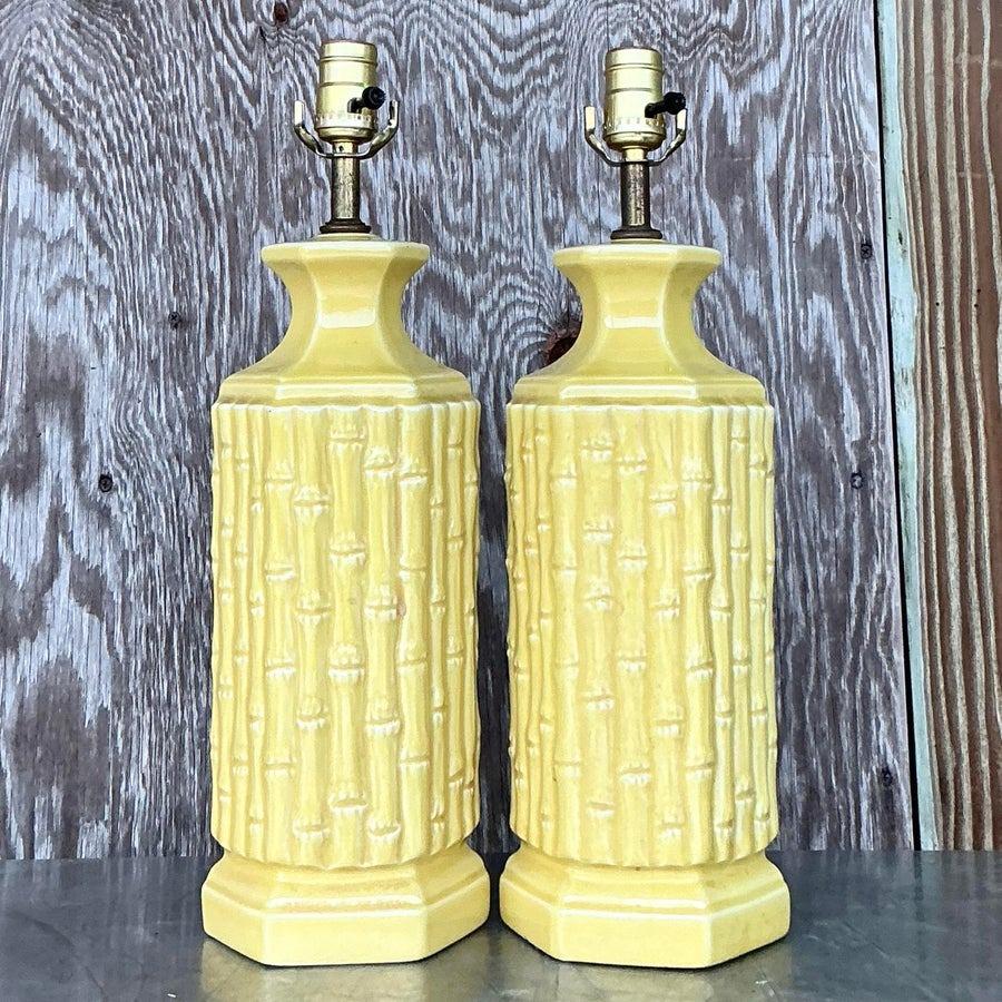Coastal-Lampen aus glasierter Keramik und Bambus im Vintage-Stil – ein Paar (20. Jahrhundert) im Angebot