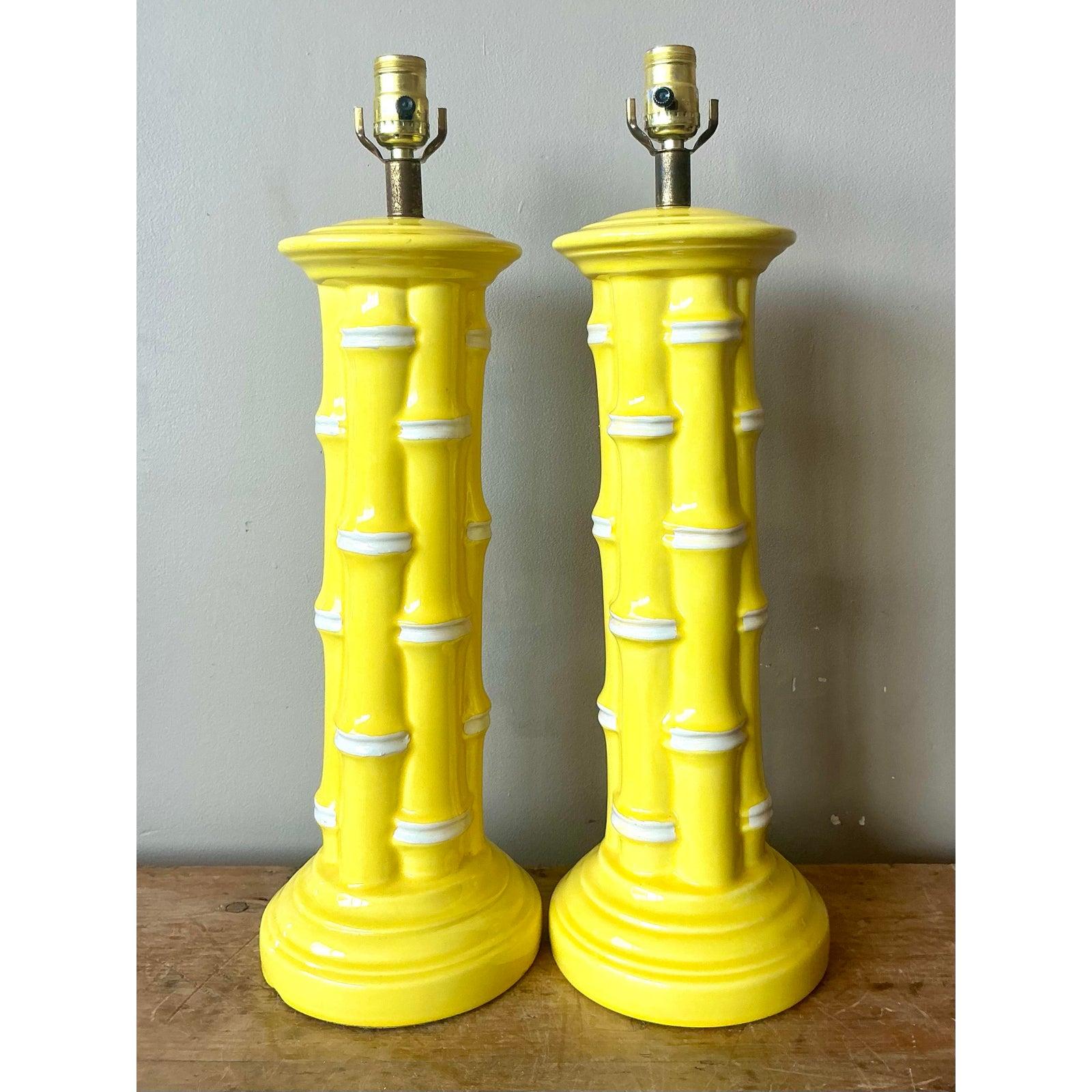 Lámparas de bambú de cerámica esmaltada costera vintage - Un par siglo XX en venta