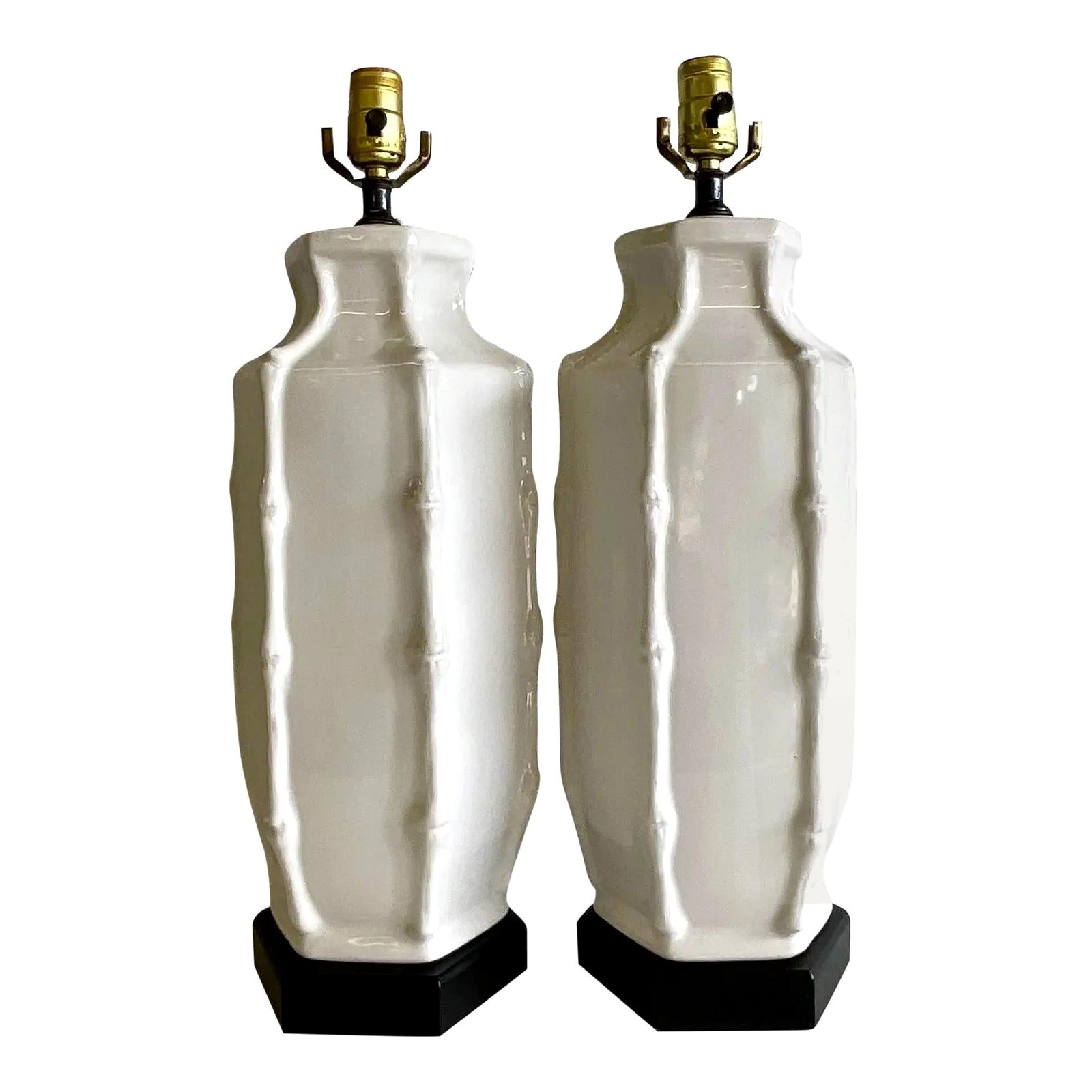 Vintage Coastal Glazed Ceramic Bamboo Lamps, a Pair
