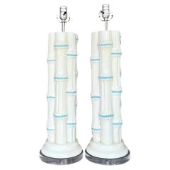 Coastal-Lampen aus glasierter Keramik und Bambus im Vintage-Stil – ein Paar