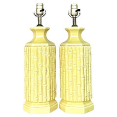Coastal-Lampen aus glasierter Keramik und Bambus im Vintage-Stil – ein Paar