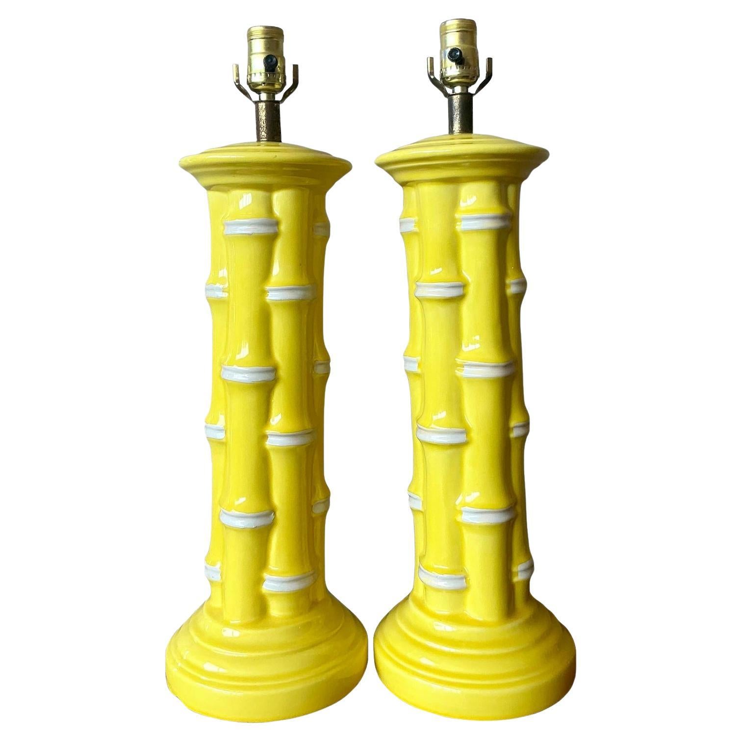 Lámparas de bambú de cerámica esmaltada costera vintage - Un par