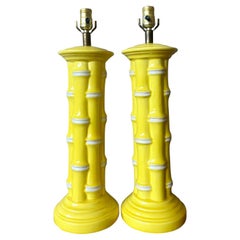 Vintage Coastal Glazed Ceramic Bamboo Lamps - A Pair