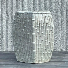 Vintage Coastal Glazed Ceramic Bamboo Low Stool
