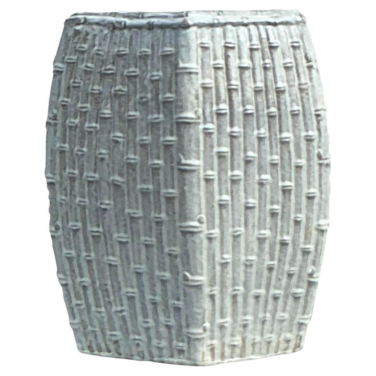 Vintage Coastal Glazed Ceramic Bamboo Low Stool