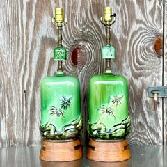 Vintage Coastal Glazed Ceramic Bamboo Shoot Table Lamps, a Pair