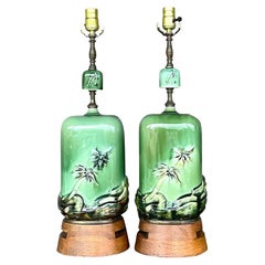 Vintage Coastal Glazed Ceramic Bamboo Shoot Table Lamps, a Pair