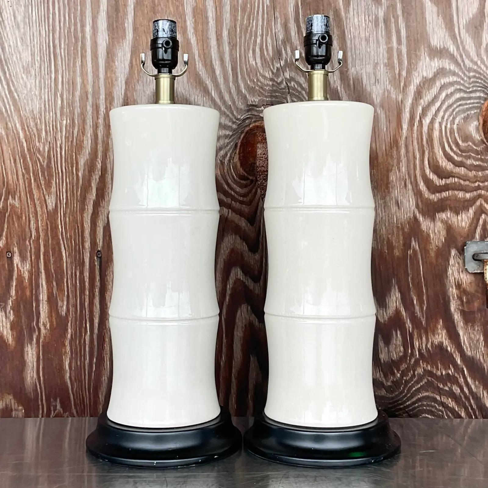 North American Vintage Coastal Glazed Ceramic Bamboo Table Lamps, a Pair