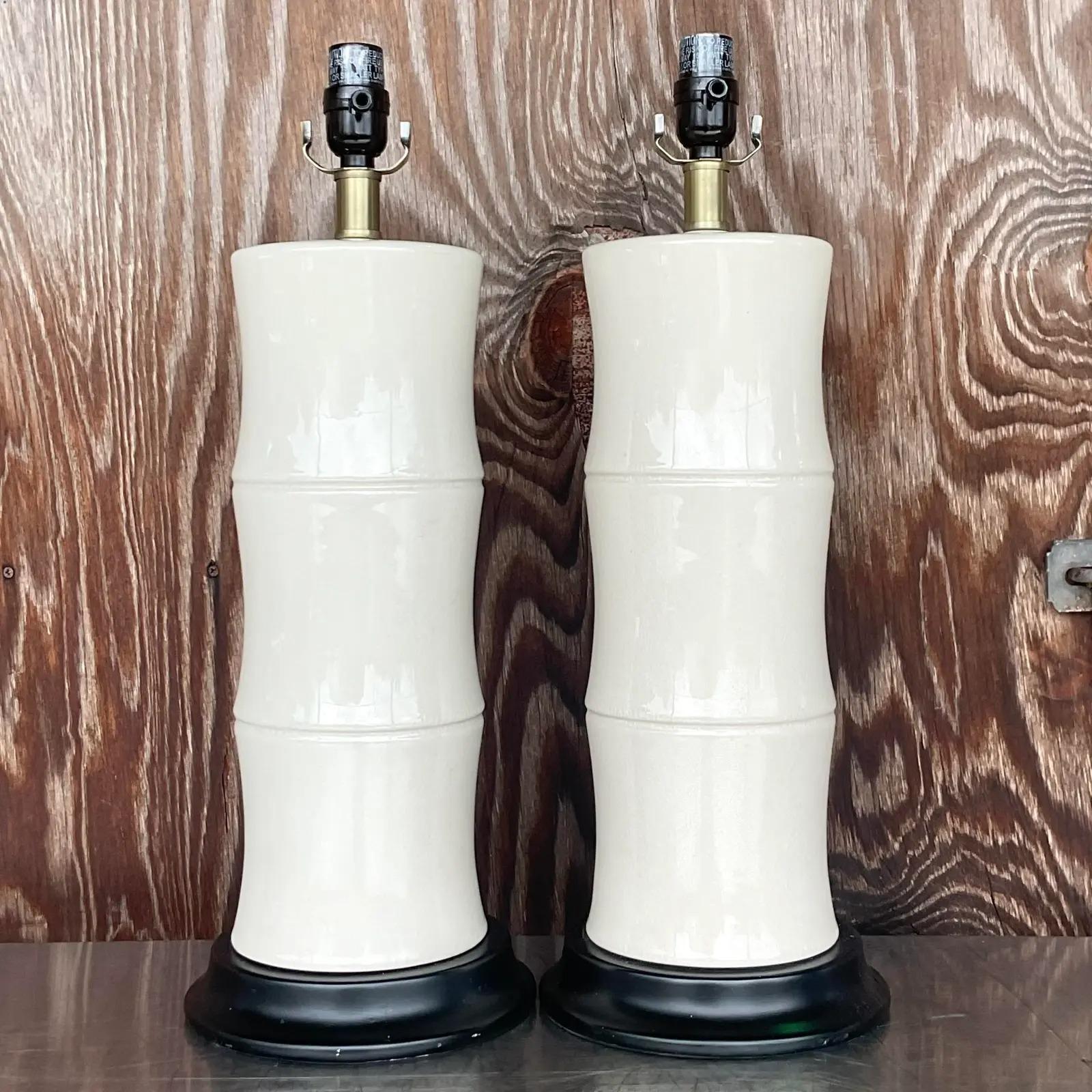 Vintage Coastal Glazed Ceramic Bamboo Table Lamps, a Pair In Good Condition In west palm beach, FL