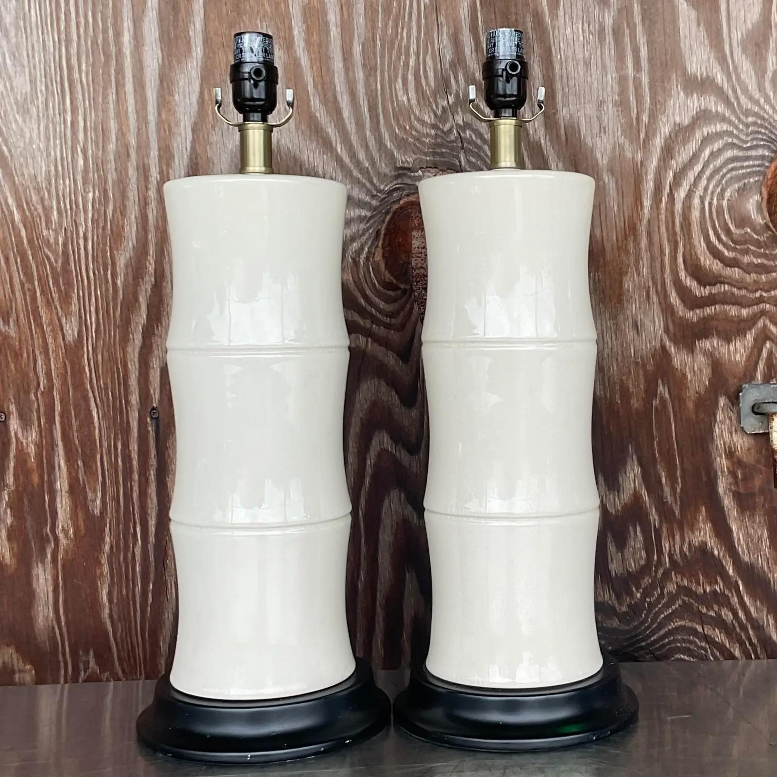 20th Century Vintage Coastal Glazed Ceramic Bamboo Table Lamps, a Pair
