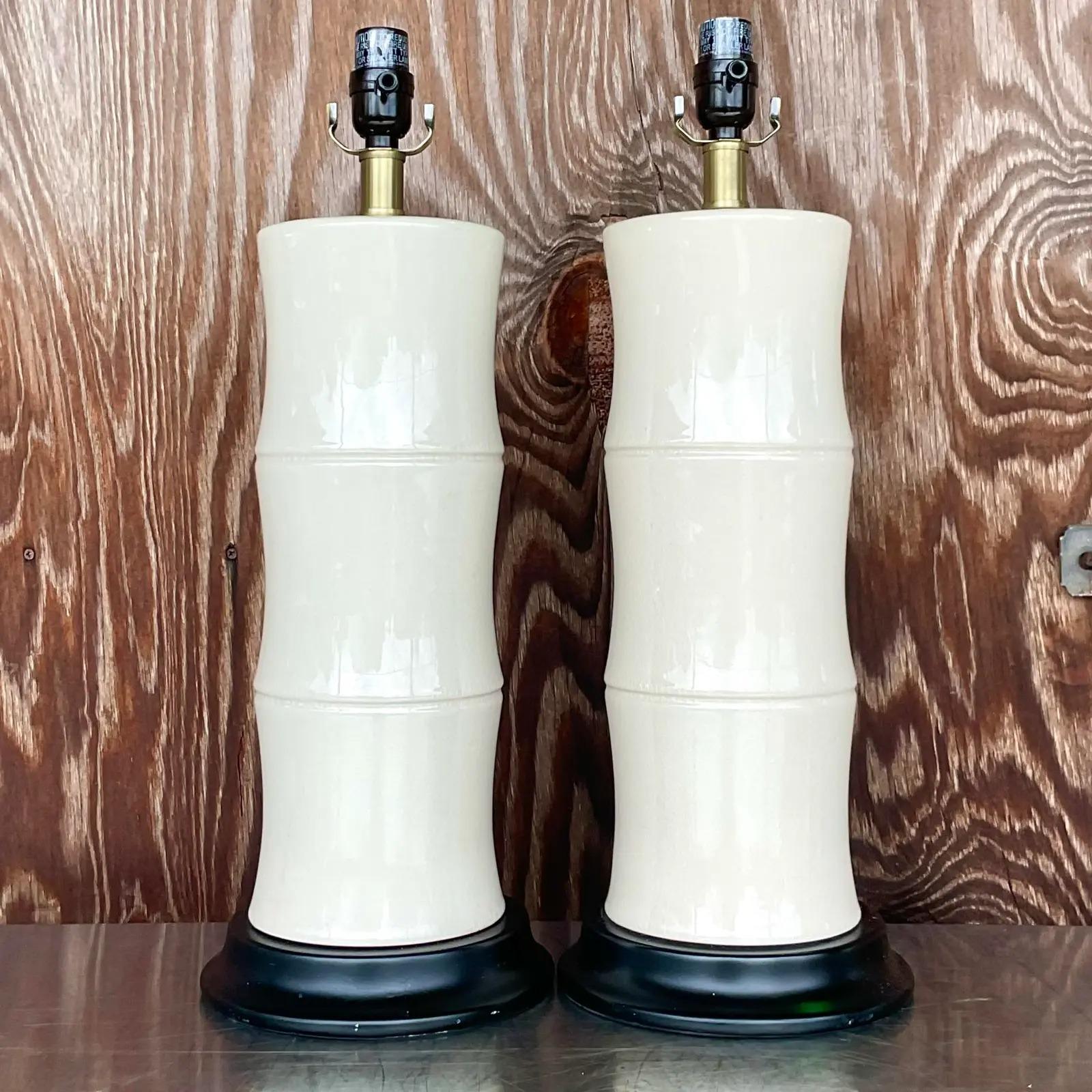 Vintage Coastal Glazed Ceramic Bamboo Table Lamps, a Pair 1