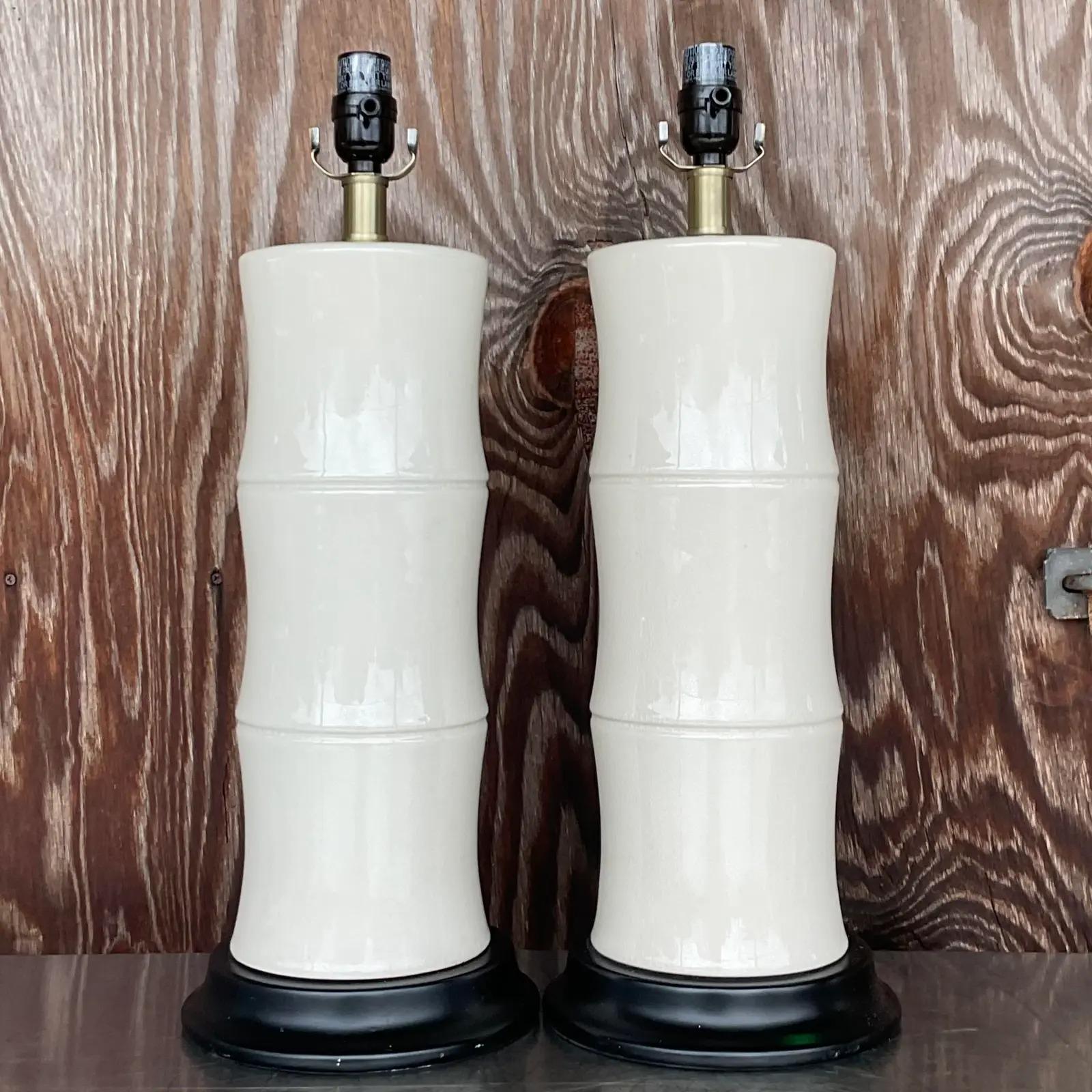 Vintage Coastal Glazed Ceramic Bamboo Table Lamps, a Pair 2