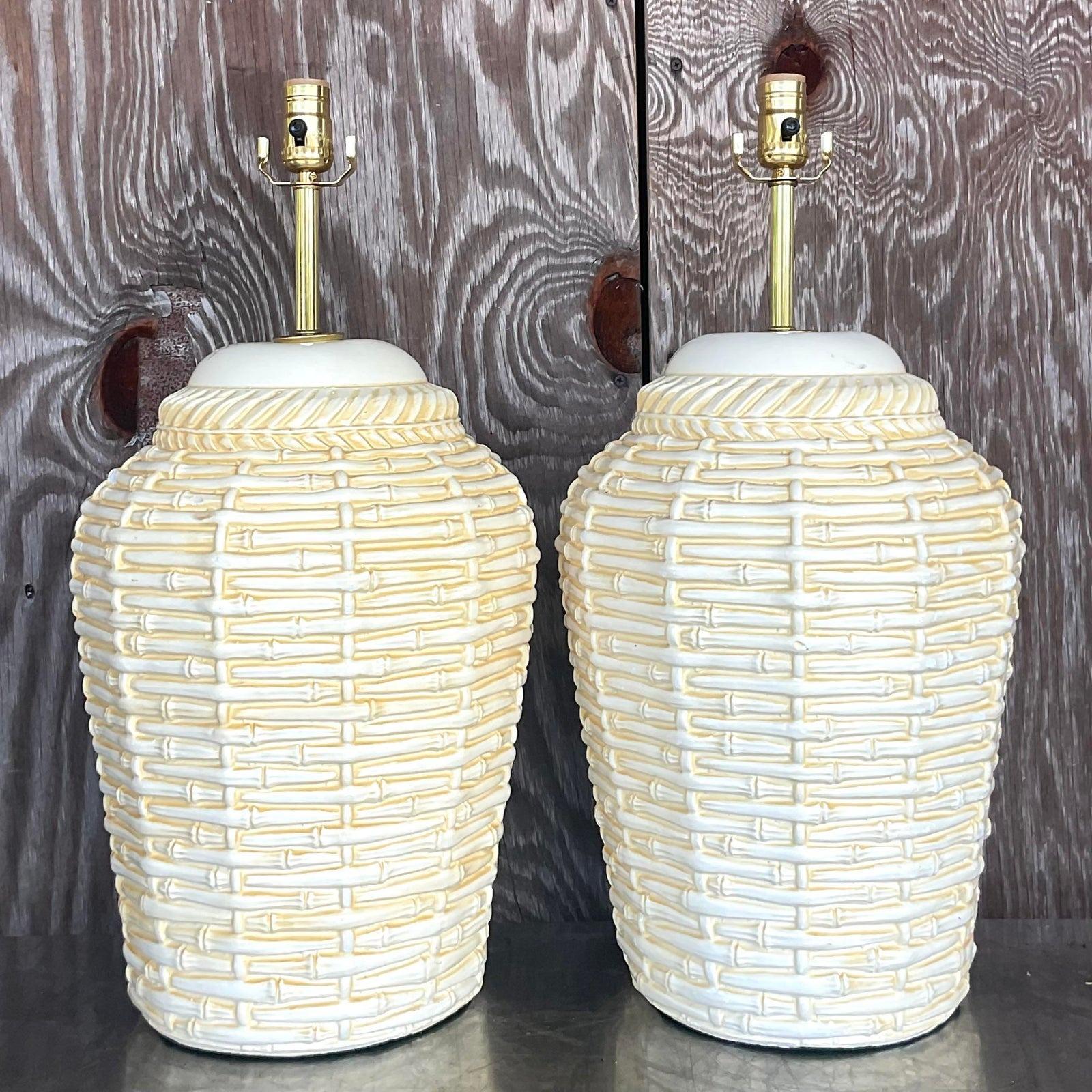 North American Vintage Coastal Matte Ceramic Basket Table Lamps - a Pair For Sale