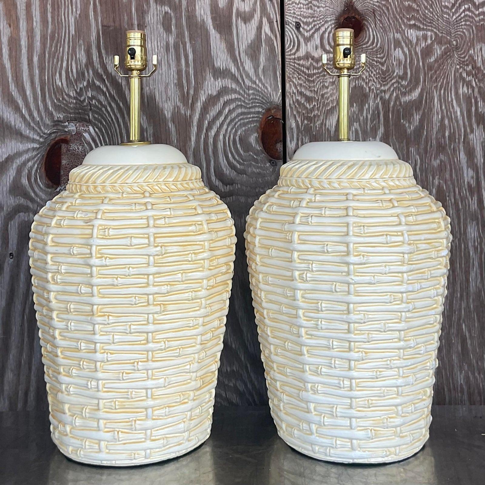 Vintage Coastal Matte Ceramic Basket Table Lamps - a Pair In Good Condition For Sale In west palm beach, FL