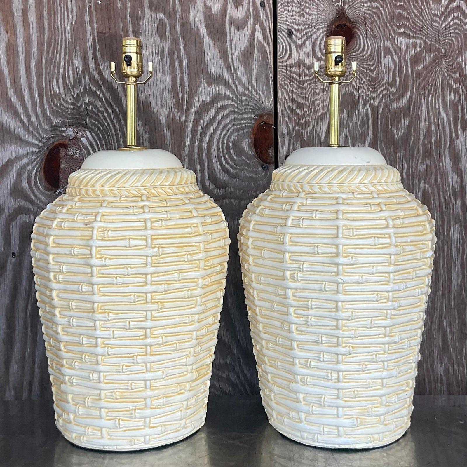 20th Century Vintage Coastal Matte Ceramic Basket Table Lamps - a Pair For Sale