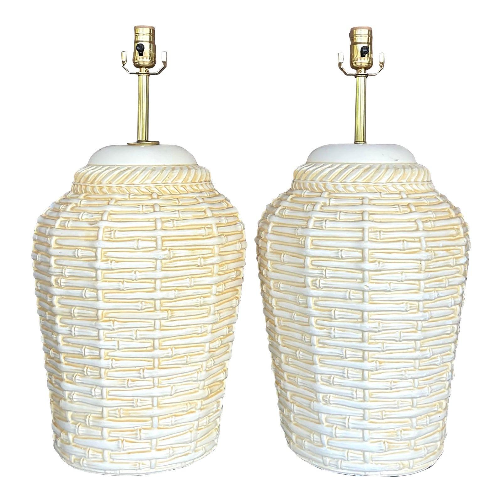 Vintage Coastal Matte Ceramic Basket Table Lamps - a Pair For Sale