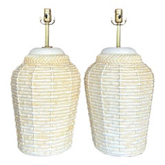 Vintage Coastal Matte Ceramic Basket Table Lamps - a Pair