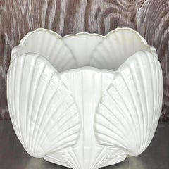Vintage Coastal Glazed Ceramic Clam Shell Planter