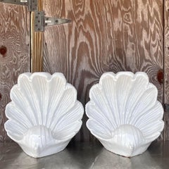 Vintage Coastal Glazed Ceramic Clam Shells - a Pair