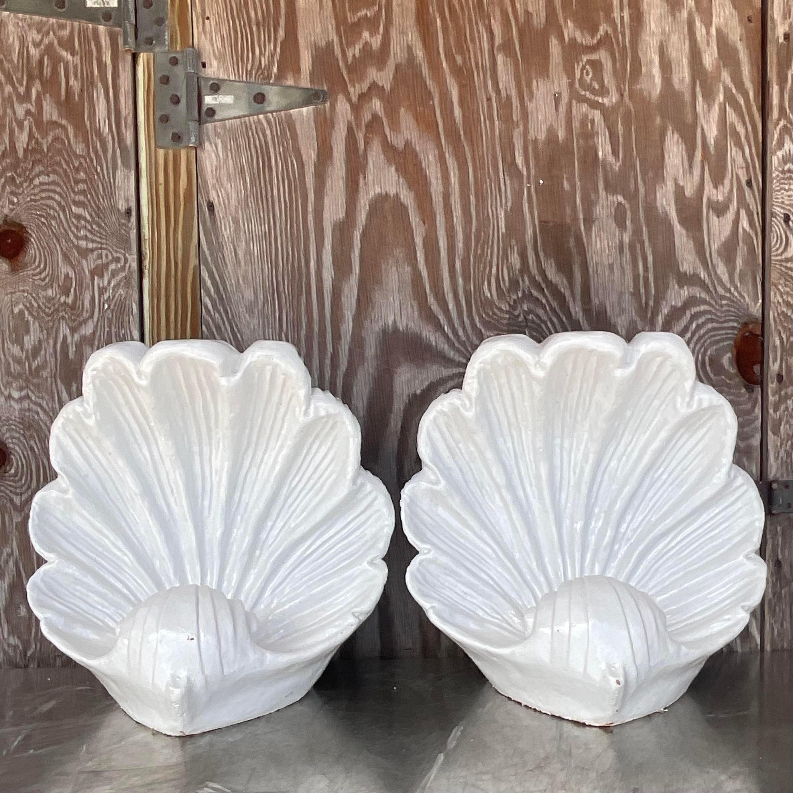 American Vintage Coastal Glazed Ceramic Clam Shells - a Pair For Sale