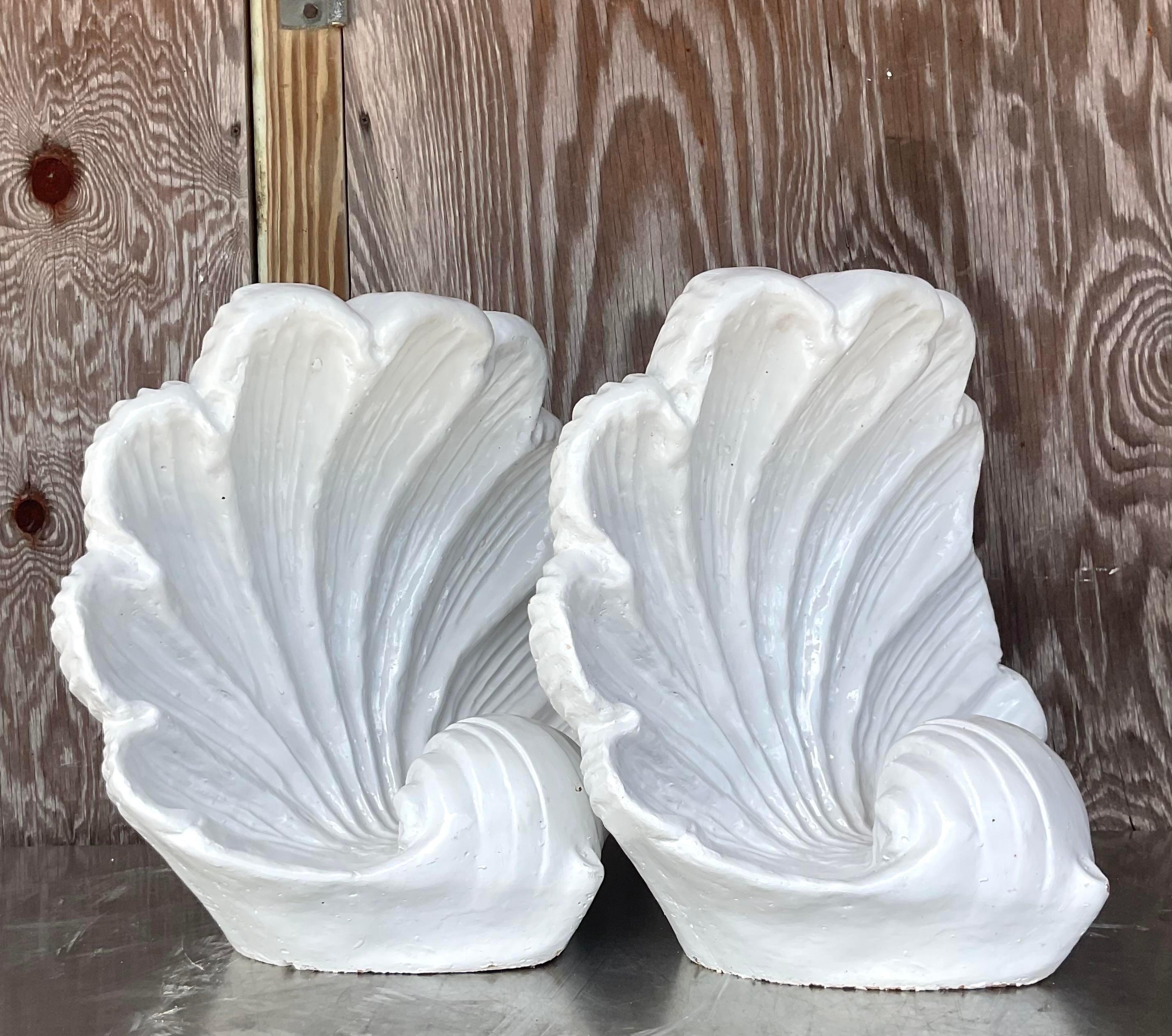 20th Century Vintage Coastal Glazed Ceramic Clam Shells - a Pair For Sale