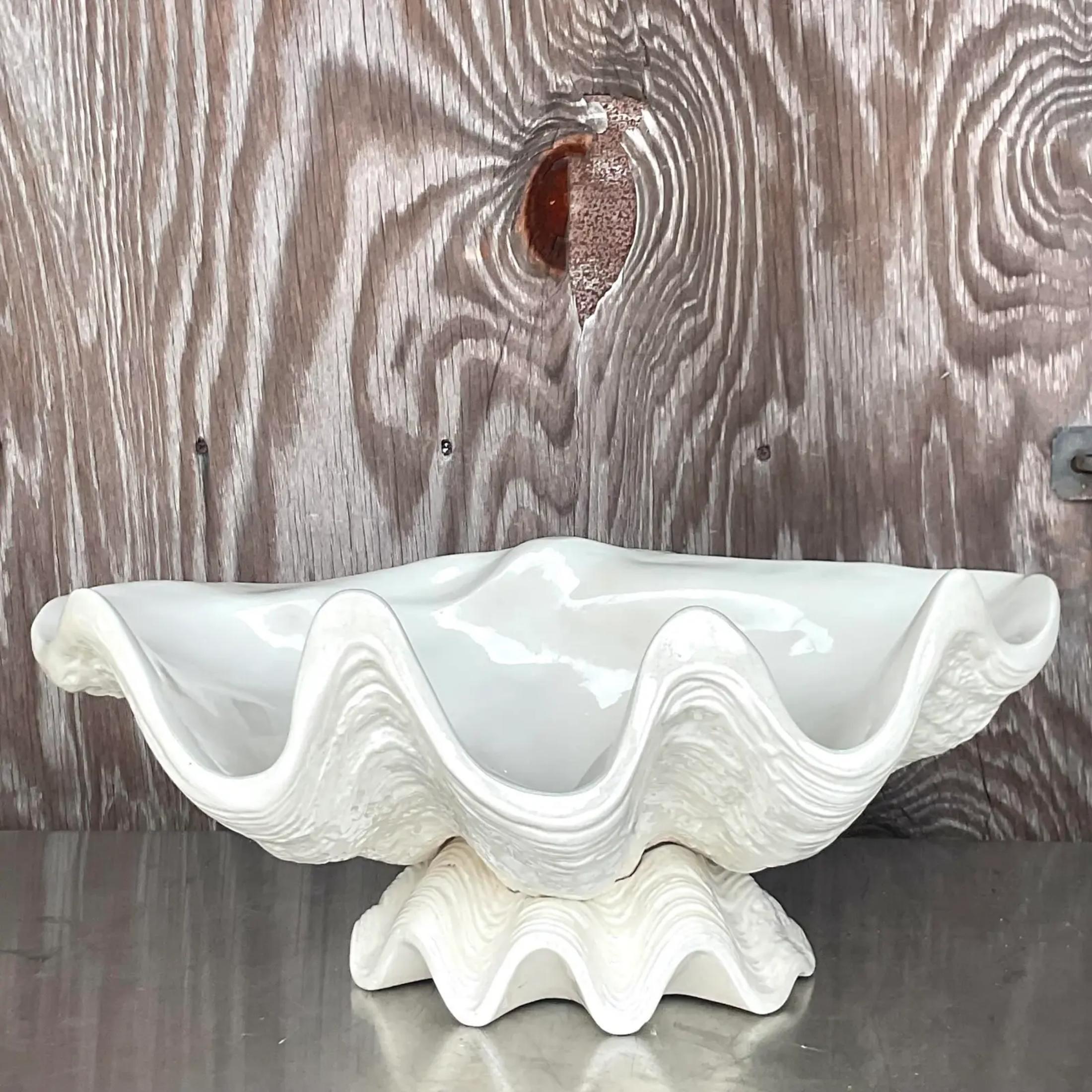 Vintage Coastal Glazed Ceramic Clamshell Bowl on Stand 3