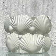 Vintage Coastal Glazed Ceramic Clamshell Cache Pot