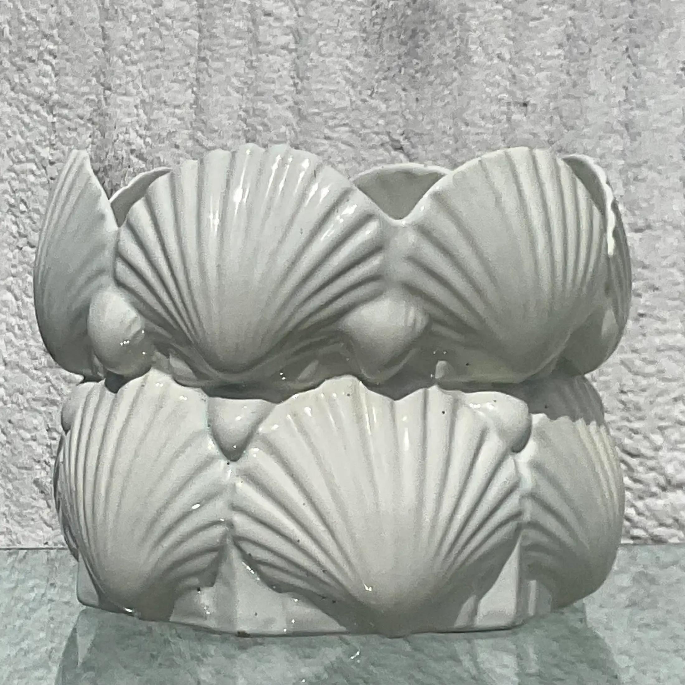 20th Century Vintage Coastal Glazed Ceramic Clamshell Cache Pot