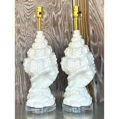 Vintage Coastal Glazed Ceramic Conch Lamps - a Pair