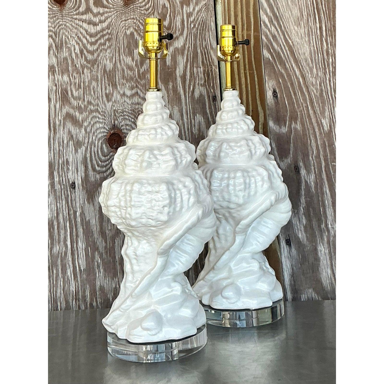 American Vintage Coastal Glazed Ceramic Conch Lamps - a Pair For Sale