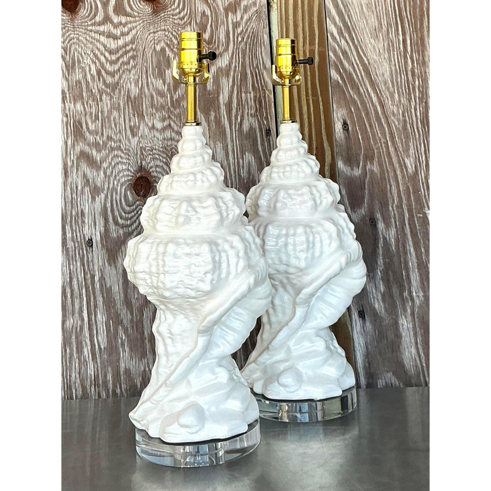 20th Century Vintage Coastal Glazed Ceramic Conch Lamps - a Pair For Sale