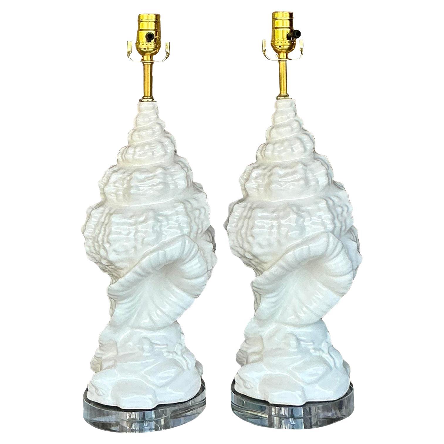 Vintage Coastal Glazed Ceramic Conch Lamps - a Pair For Sale