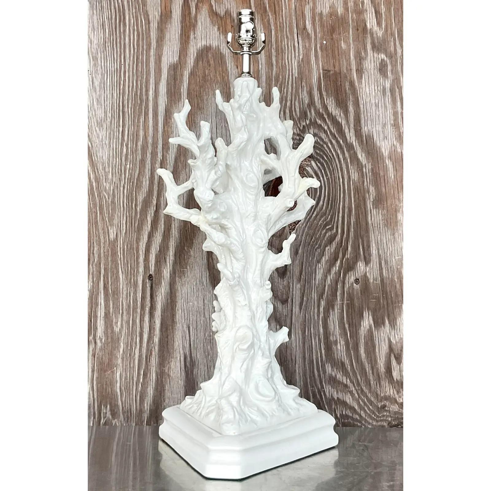 North American Vintage Coastal Glazed Ceramic Coral Branch Lamp For Sale