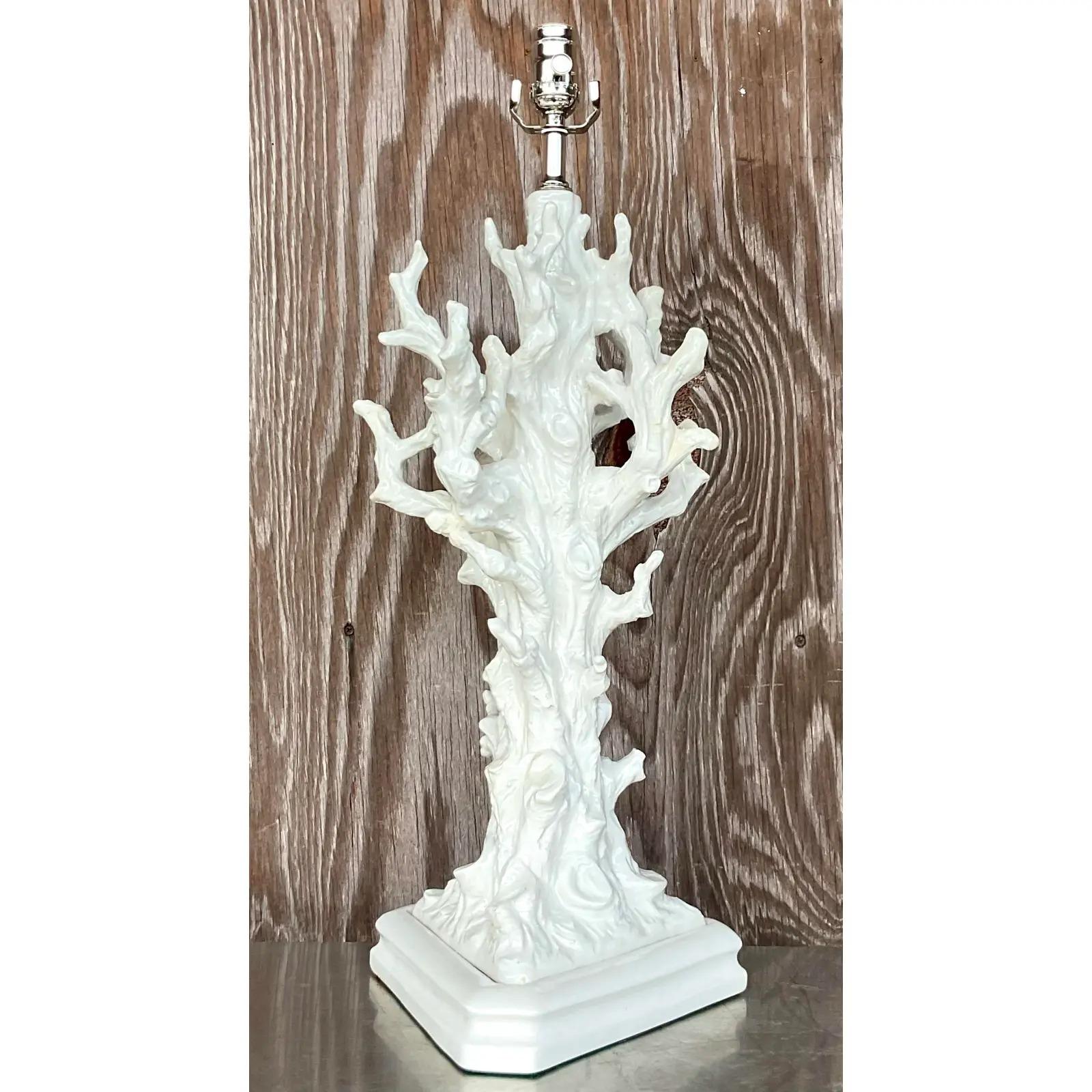 Vintage Coastal Glazed Ceramic Coral Branch Lamp In Good Condition For Sale In west palm beach, FL