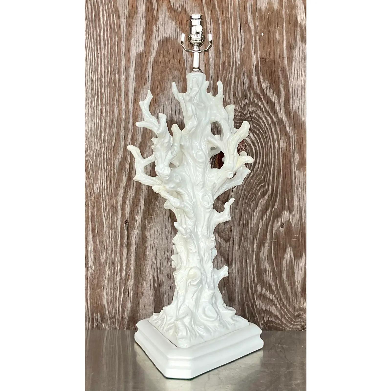 Vintage Coastal Glazed Ceramic Coral Branch Lamp For Sale 1