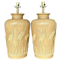 Vintage Coastal Glazed Ceramic Crane Lamps - a Pair