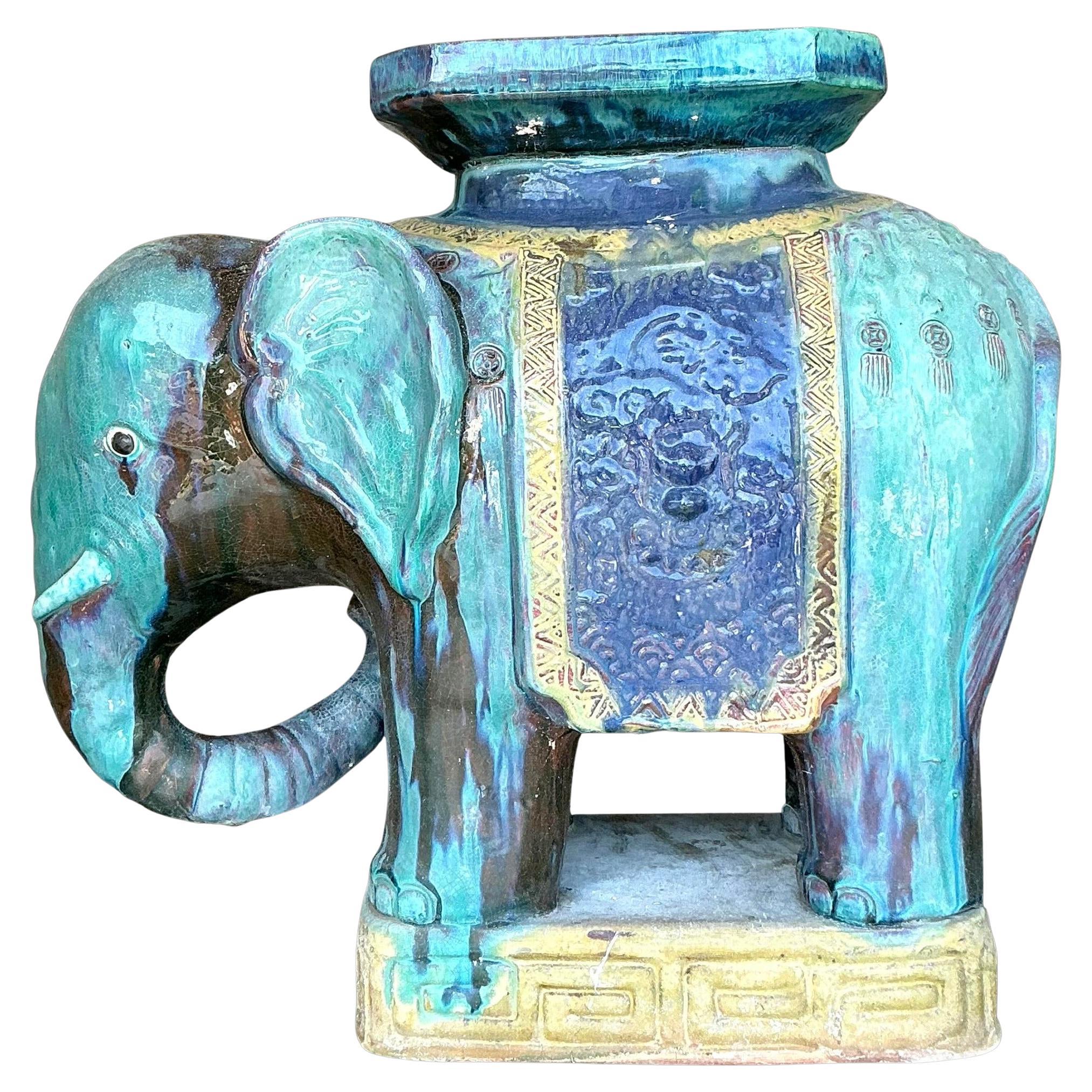 Vintage Coastal Glazed Ceramic Elephant Low Stool