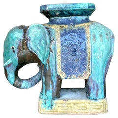 Tabouret bas éléphant vintage en céramique émaillée côtière
