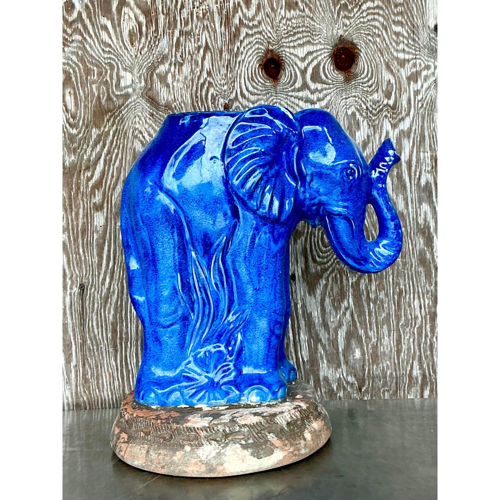 American Vintage Coastal Glazed Ceramic Elephant Planter For Sale