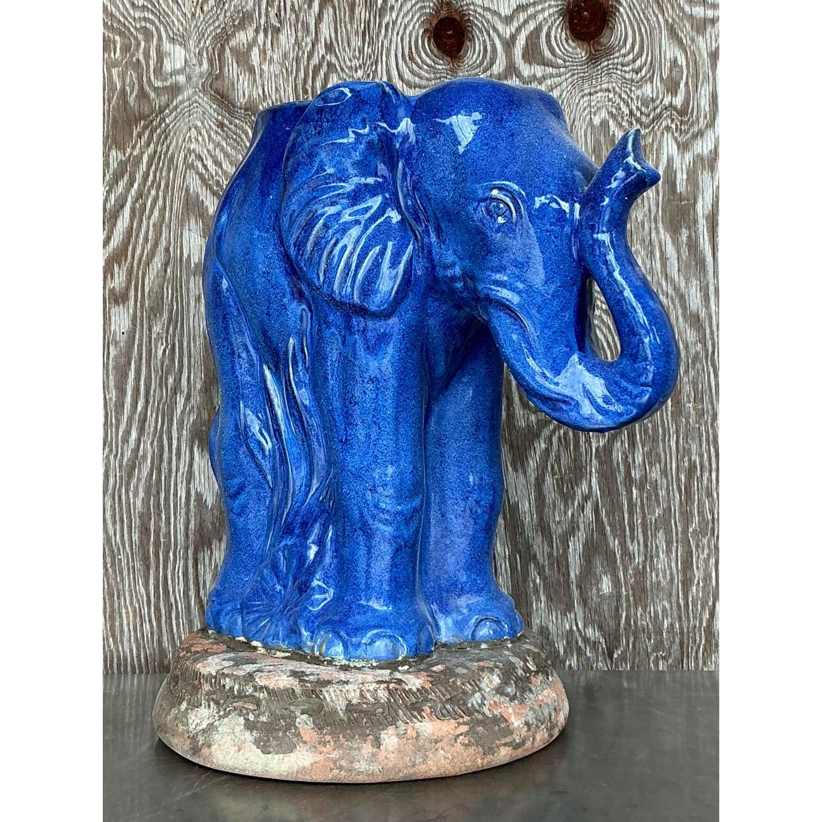 20th Century Vintage Coastal Glazed Ceramic Elephant Planter For Sale