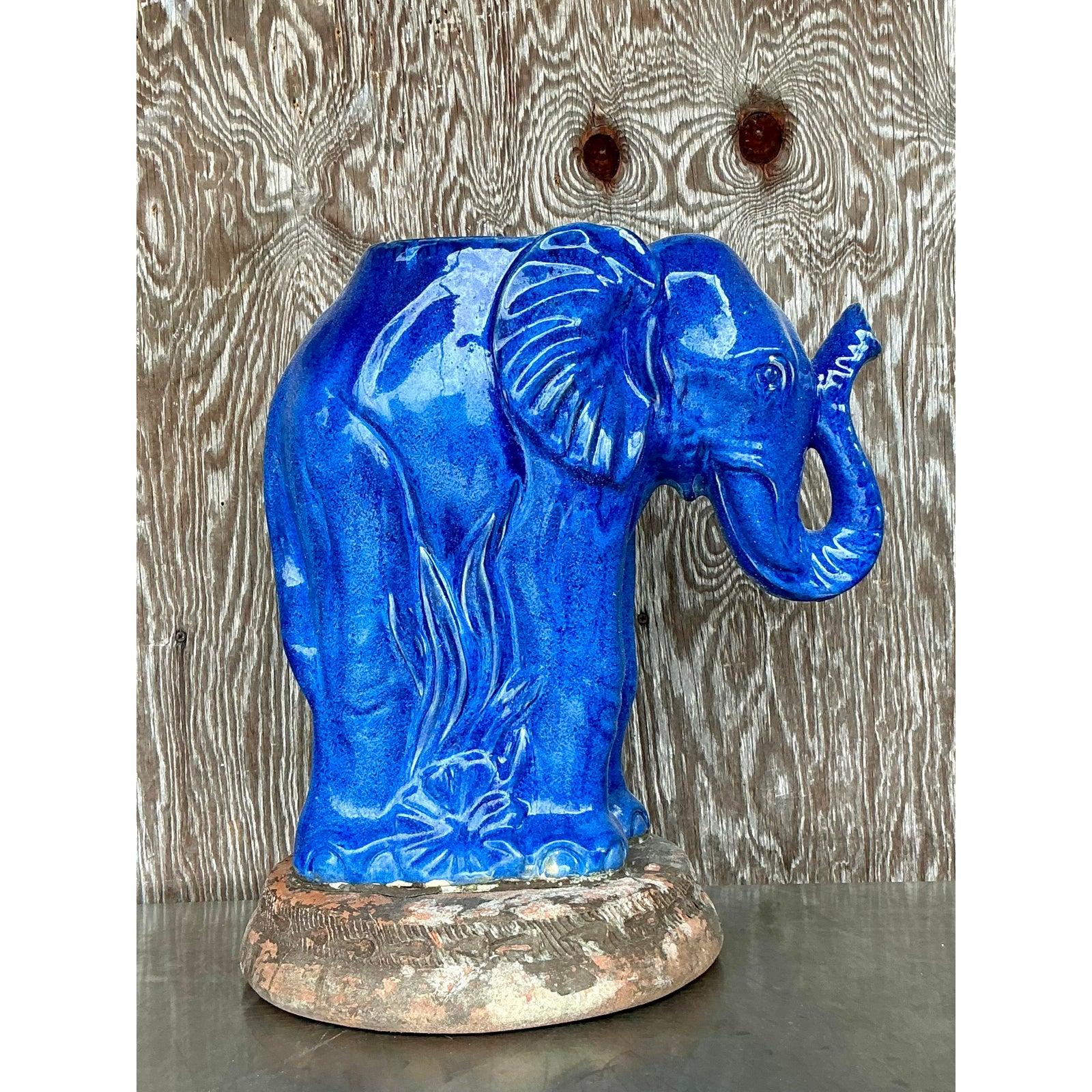 Vintage Coastal Glazed Ceramic Elephant Planter For Sale 1