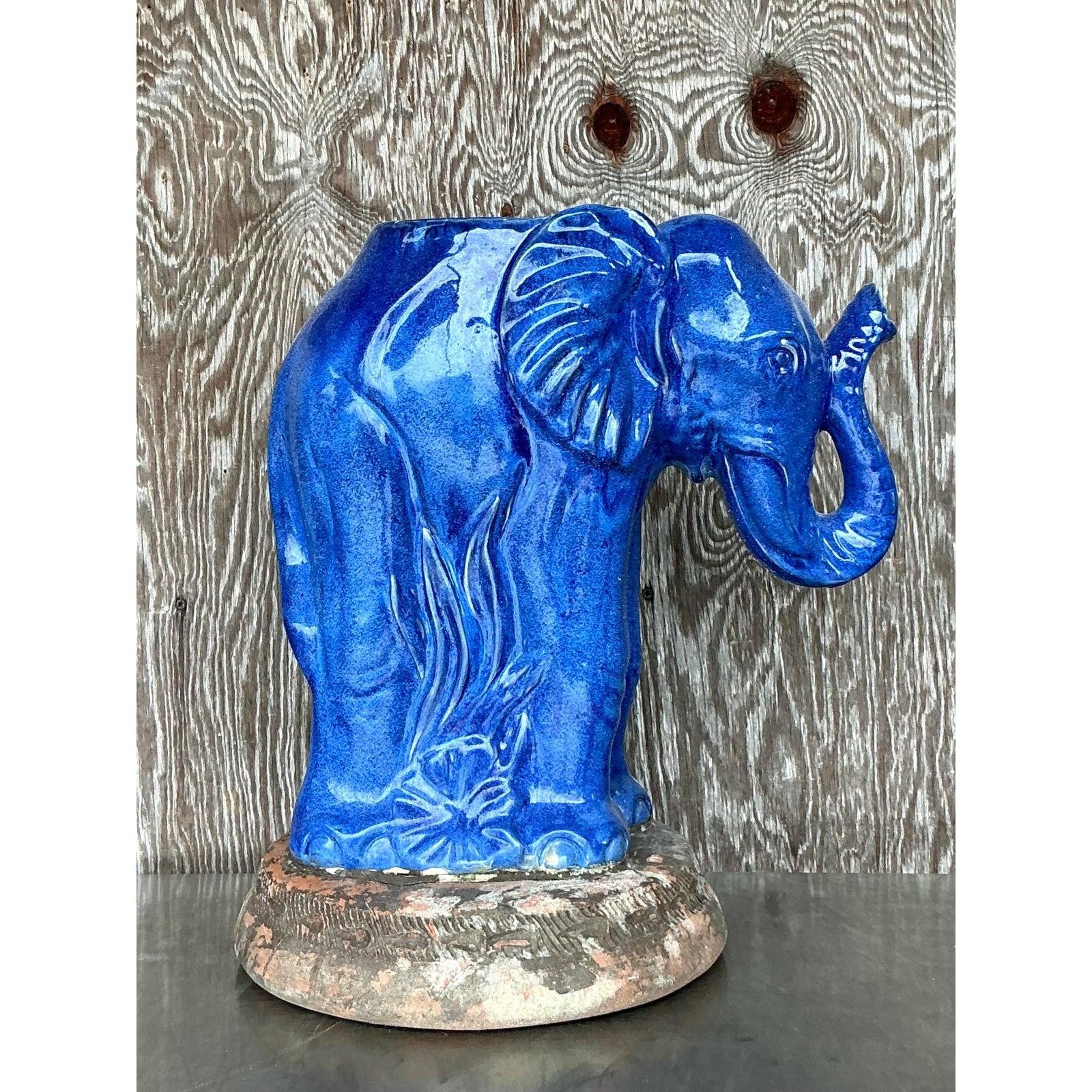 Vintage Coastal Glazed Ceramic Elephant Planter For Sale 2
