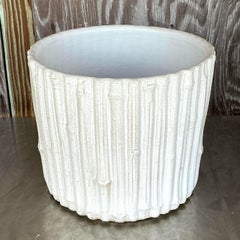 Vintage Coastal Glazed Ceramic Faux Bamboo Planter