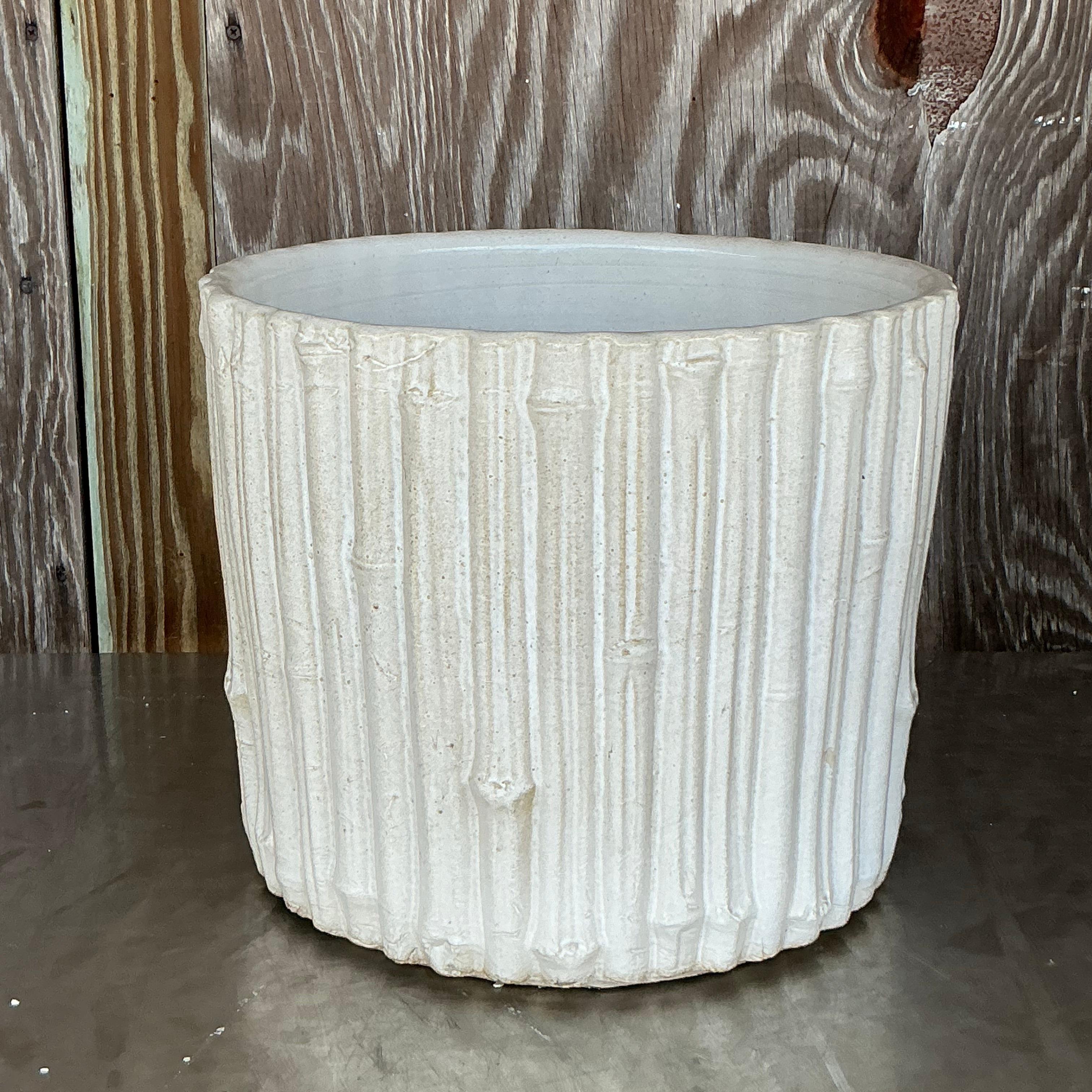 Vintage Coastal Glazed Ceramic Faux Bamboo Planter In Good Condition In West Palm Beach, FL