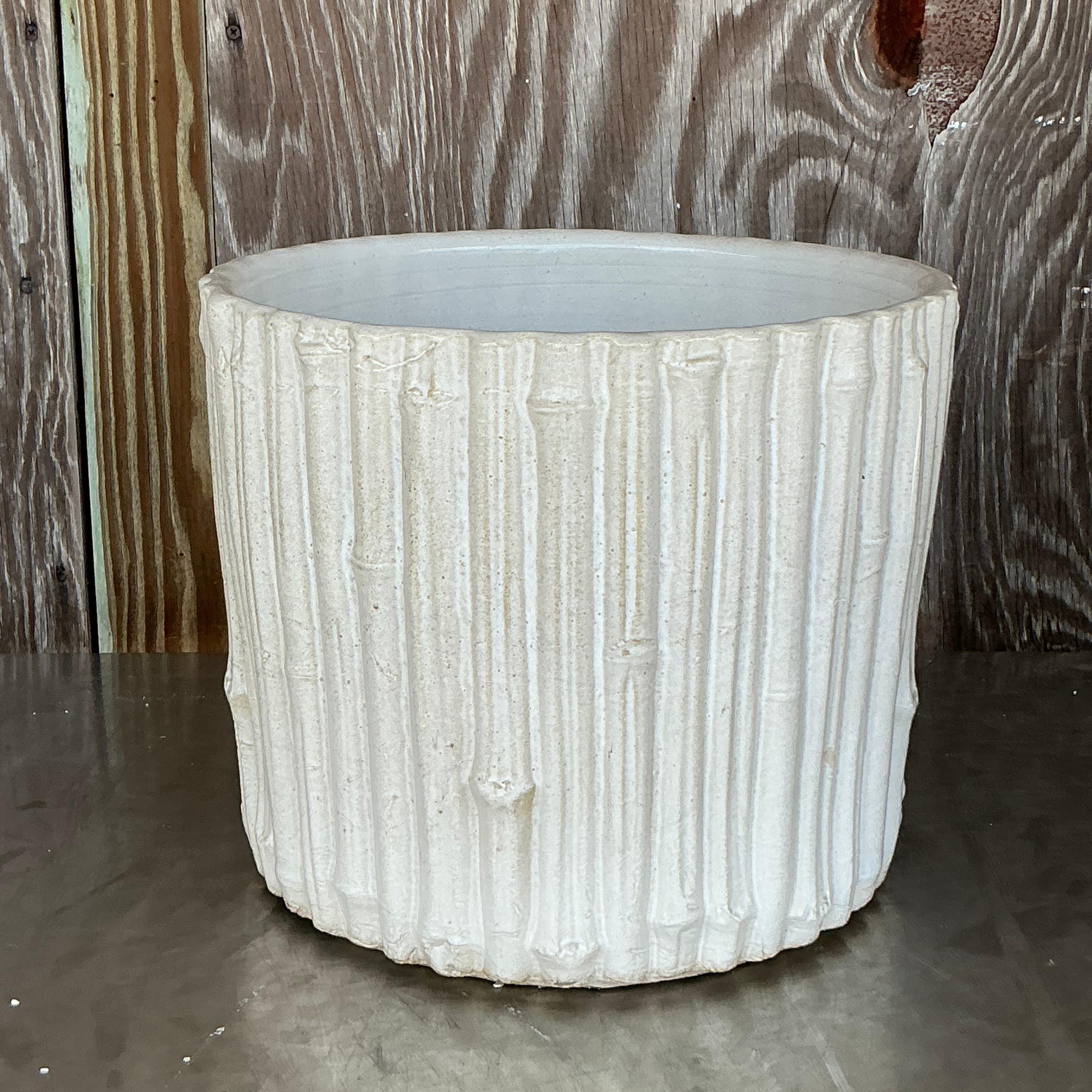 Vintage Coastal Glazed Ceramic Faux Bamboo Planter 1