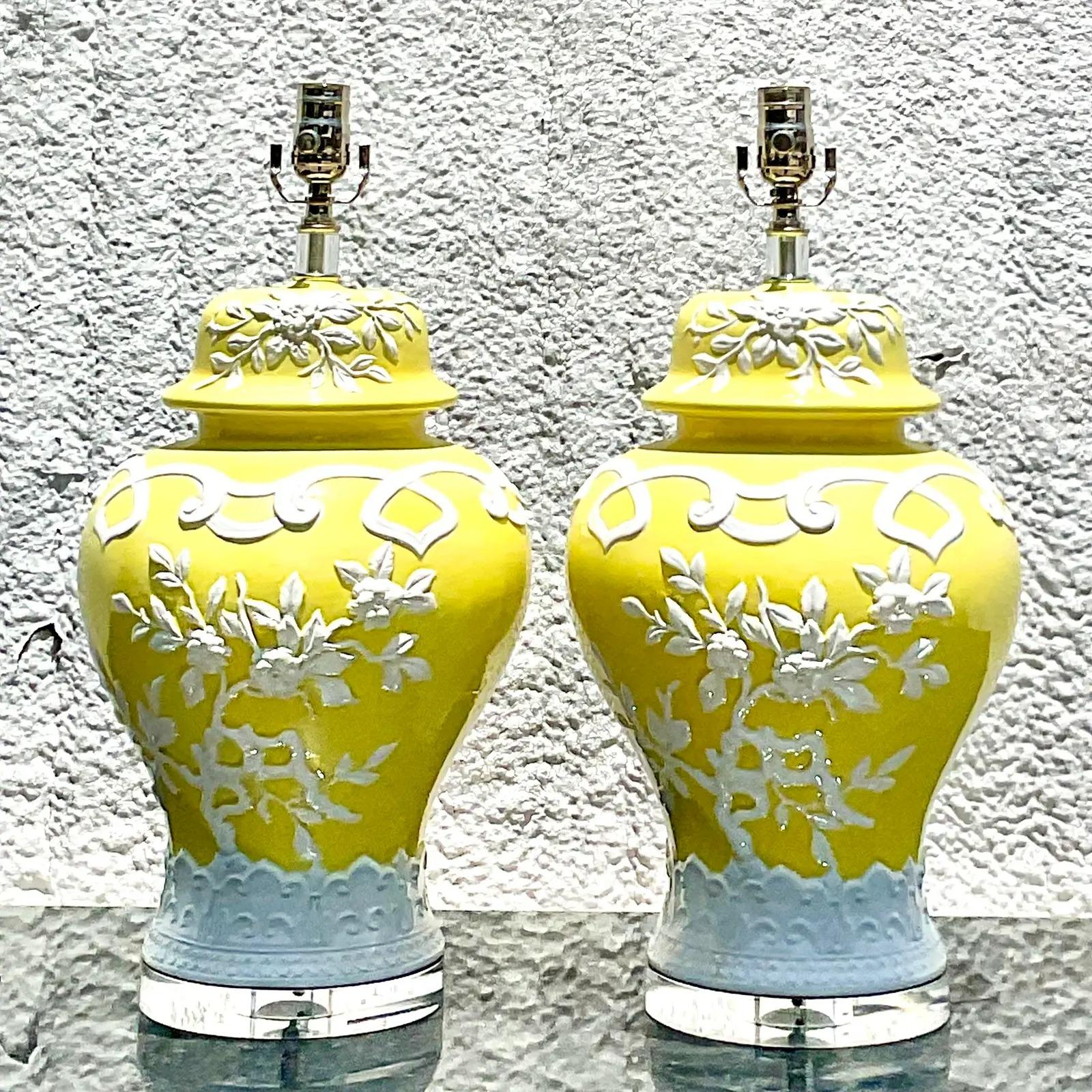 North American Vintage Coastal Glazed Ceramic Frosting Table Lamps, a Pair